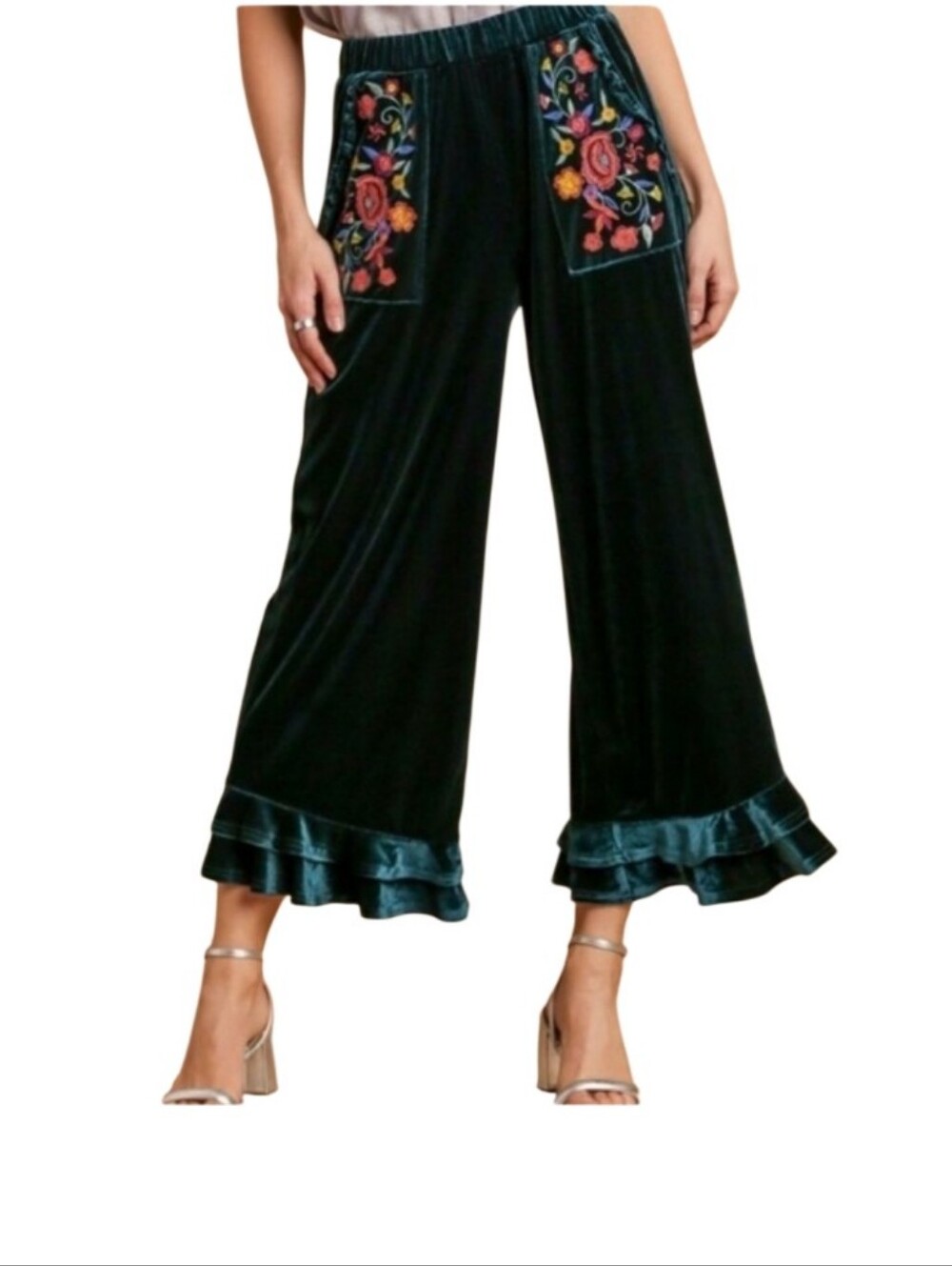 Umgee Foral Embroidered Velvet Boho Wide-Leg Pants Teal Green Size S